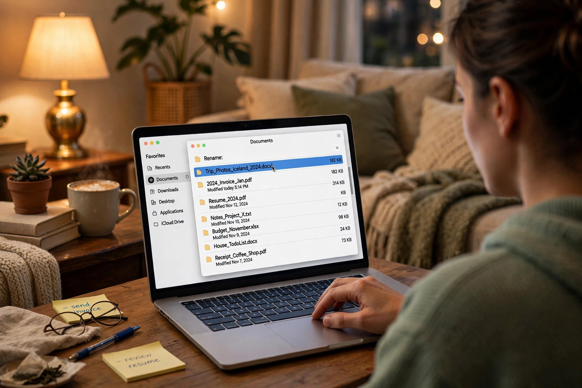 Over-the-shoulder view of a person renaming files on a laptop, the screen showing a tidy list of clearly named documents