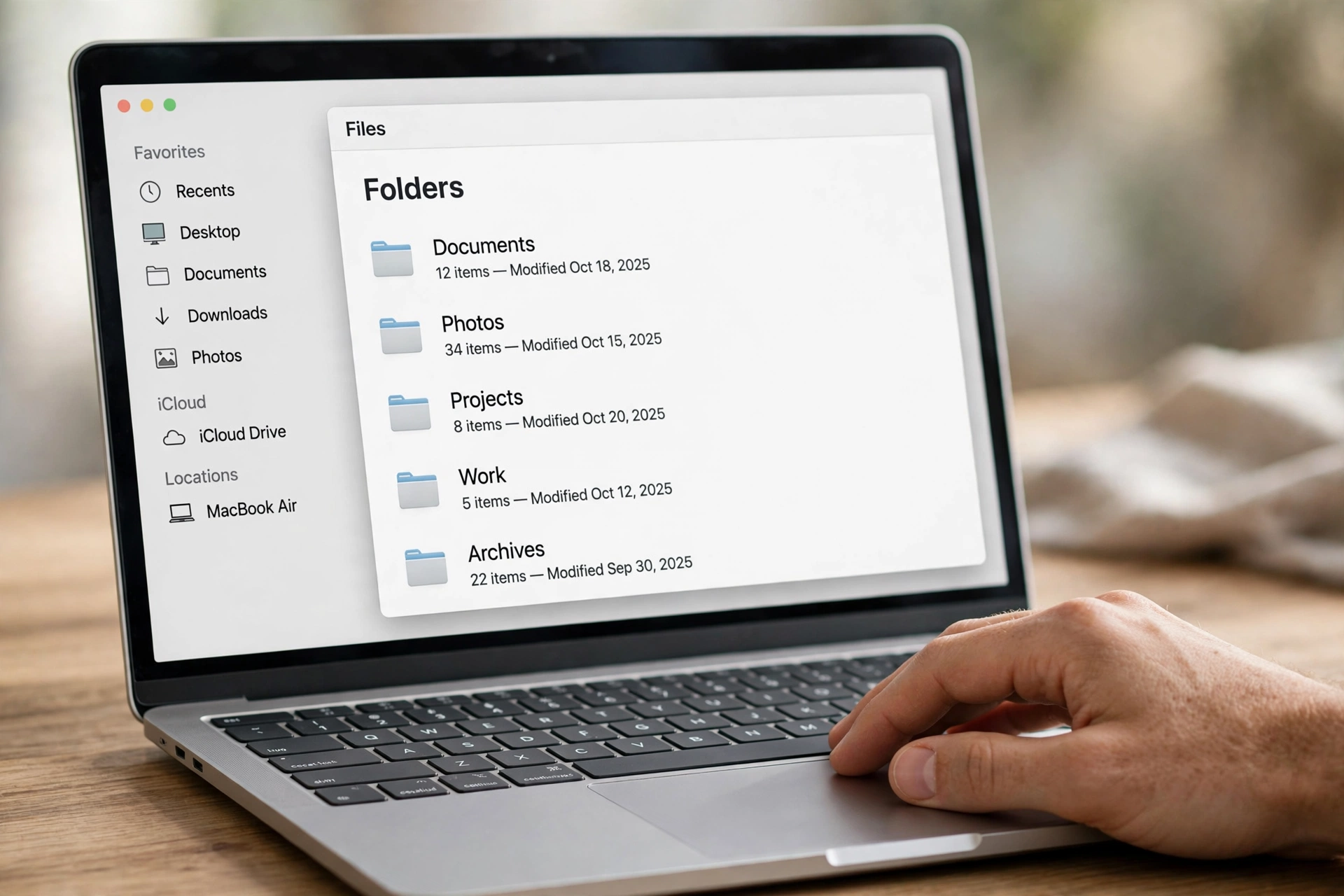 Close-up of a laptop screen showing a simple clean folder structure with broad folders like Documents, Photos, Projects, Work and Archives