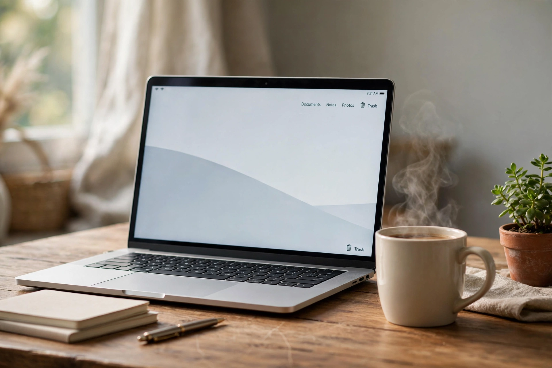 A laptop with a clean minimal desktop on a wooden desk beside a steaming cup of coffee and a small plant in soft morning light