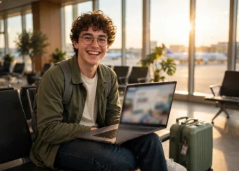 A cheerful young traveler smiling in an airport departure lounge with a laptop on his knees and a suitcase beside him