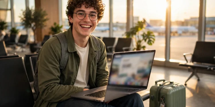 A cheerful young traveler smiling in an airport departure lounge with a laptop on his knees and a suitcase beside him