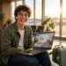 A cheerful young traveler smiling in an airport departure lounge with a laptop on his knees and a suitcase beside him