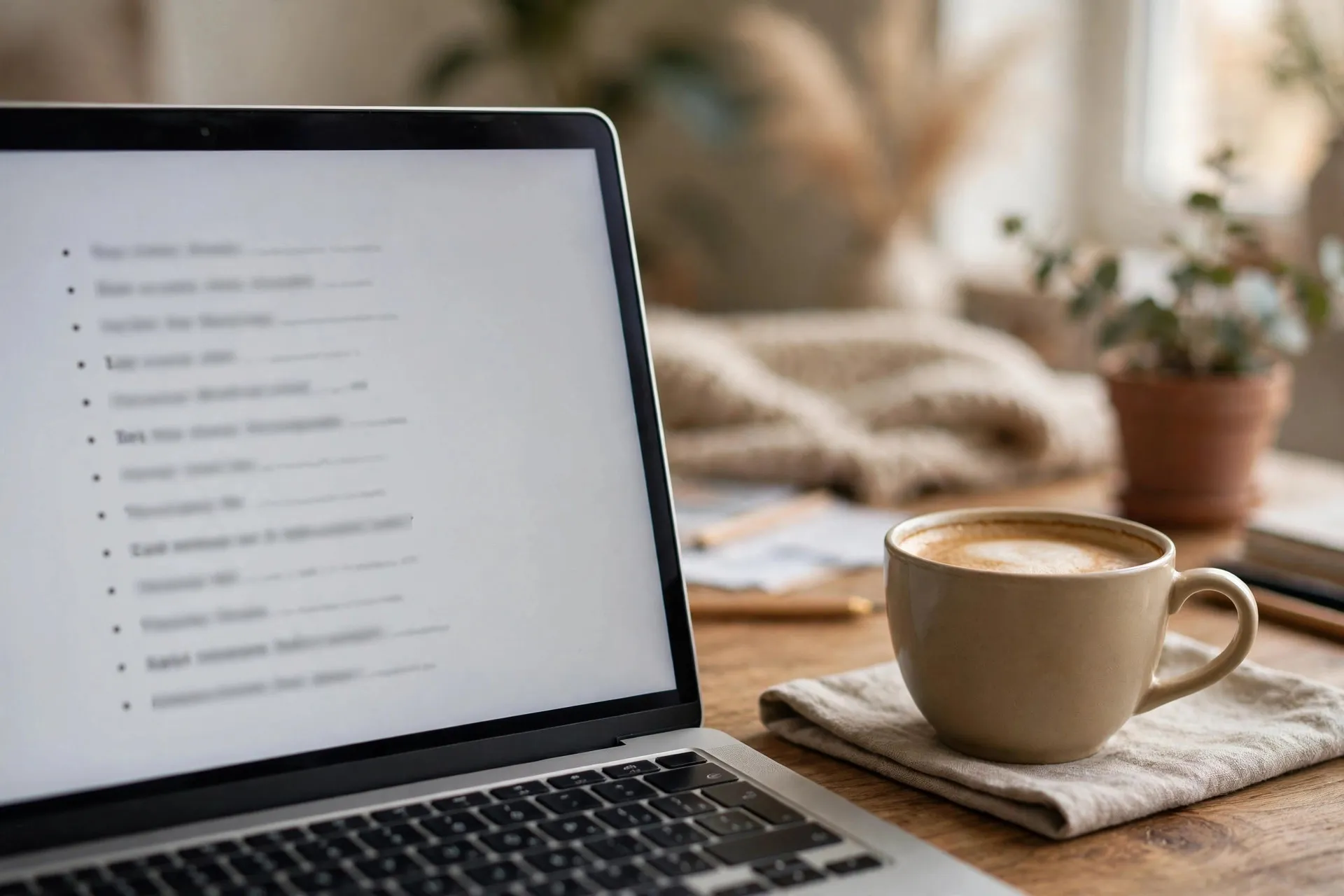 Close-up of a laptop on a wooden desk showing a day-by-day travel plan list beside a cup of coffee