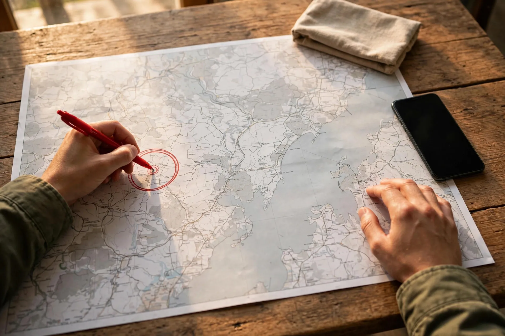 Hands circling a spot on a printed paper map with a red pen, a smartphone lying beside the map