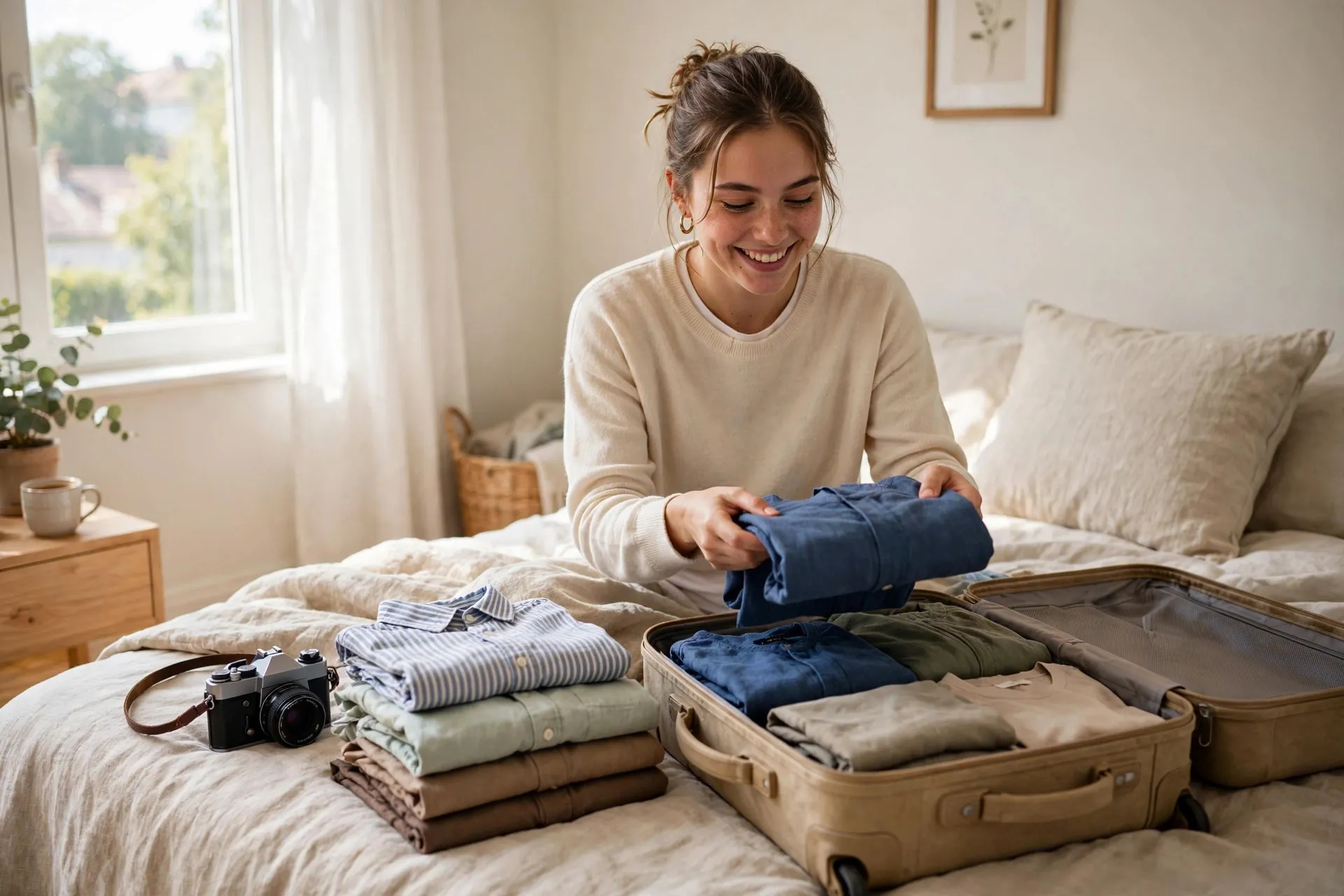 A happy young woman folding clothes into an open suitcase on a sunny bed before a trip