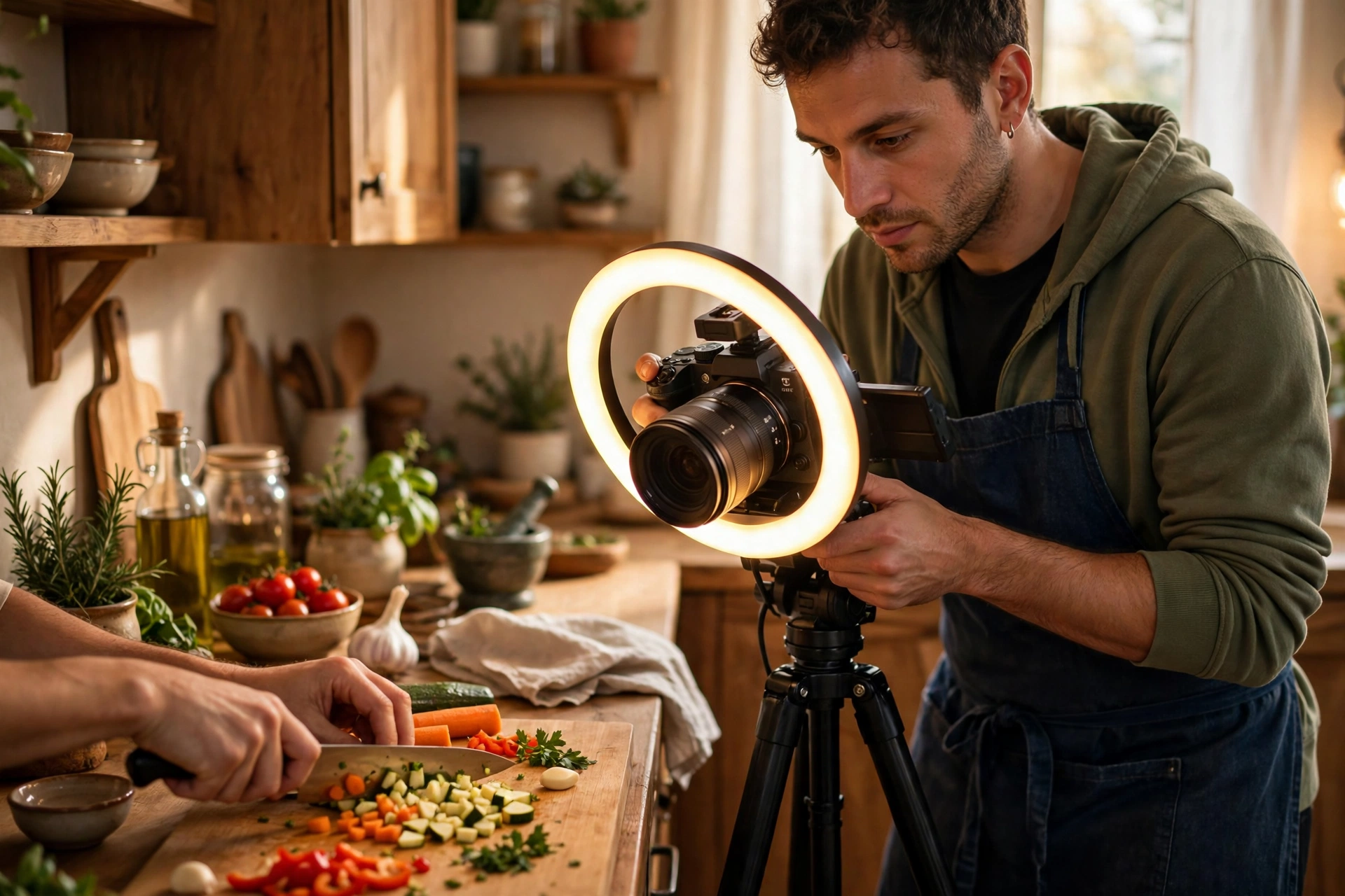 Creator filming a cooking tutorial on a camera tripod in a home kitchen