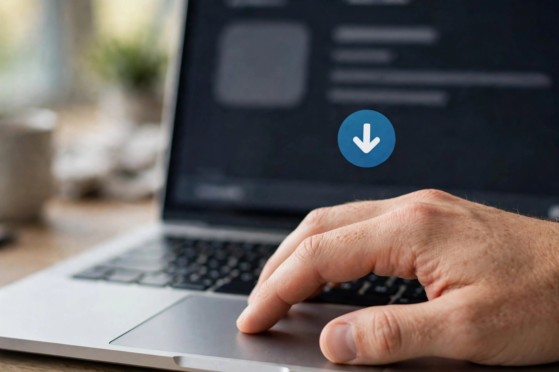 Hand on a laptop trackpad next to a download button on a media page