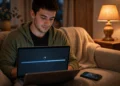 Young man downloading a video on a laptop with a download progress bar on screen
