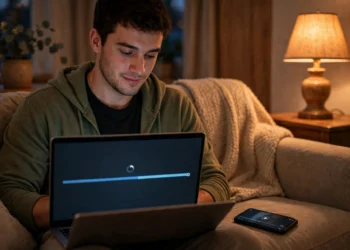 Young man downloading a video on a laptop with a download progress bar on screen