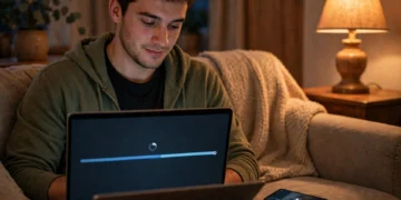 Young man downloading a video on a laptop with a download progress bar on screen