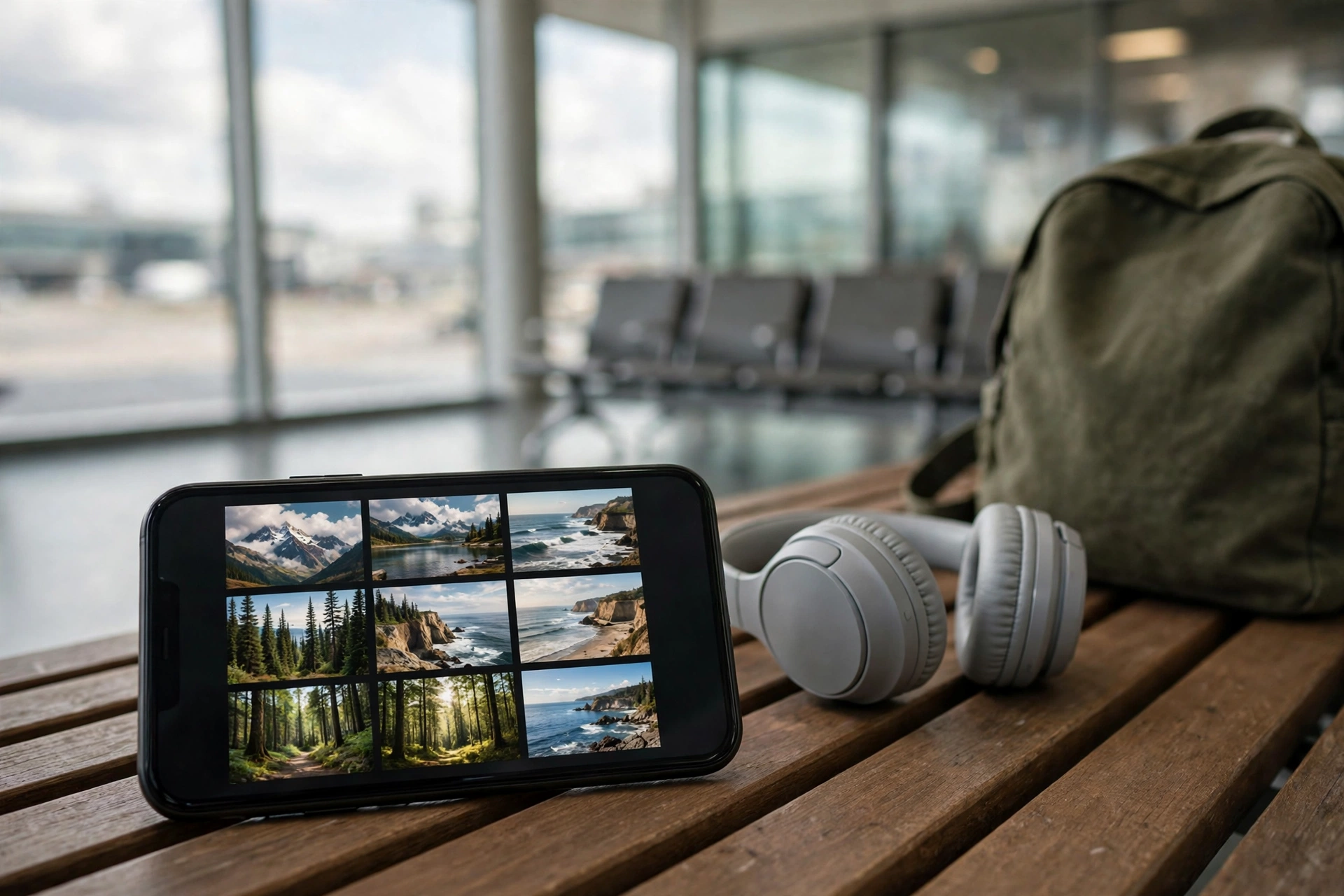 Smartphone showing saved videos offline with headphones on a travel table