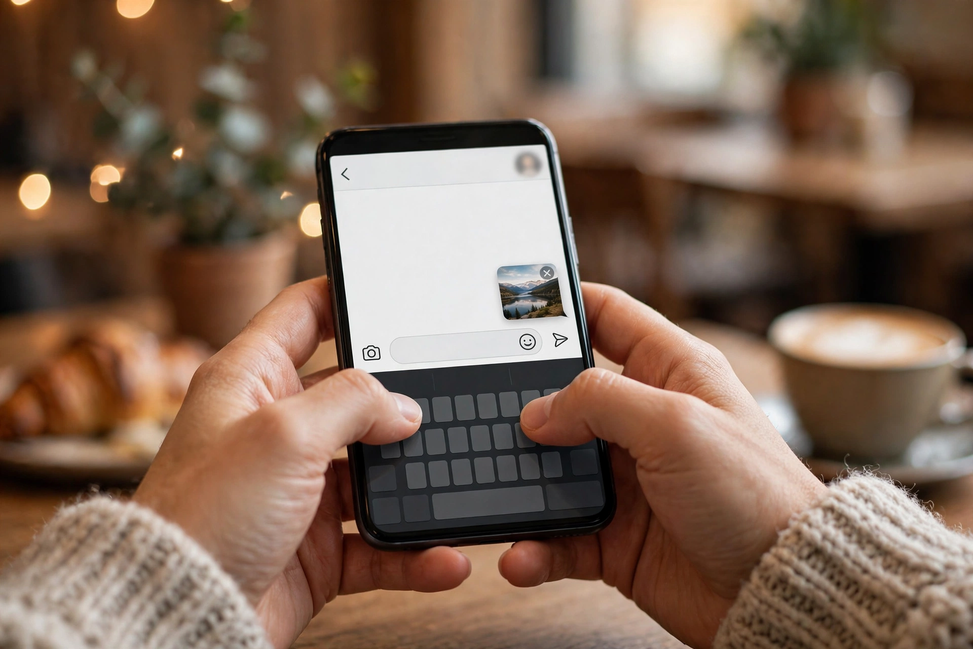 Close-up of hands typing on a smartphone showing a message composer with a photo attached, in a cozy cafe