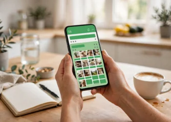 A woman's hands holding a smartphone showing a green messaging app update feed with photo thumbnails, on a bright kitchen table with coffee and a notebook