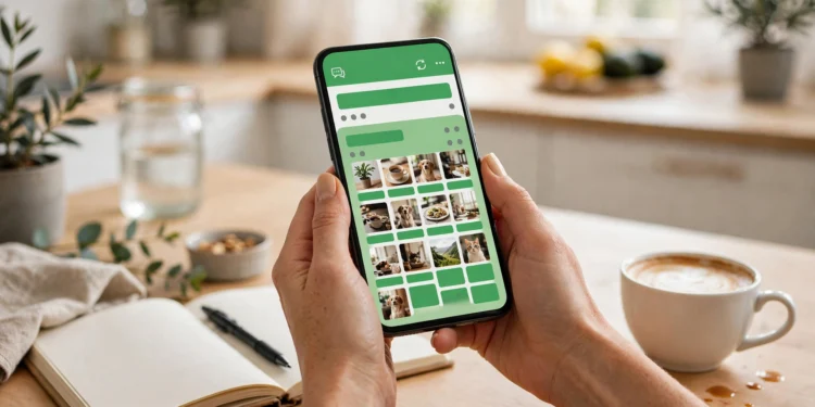A woman's hands holding a smartphone showing a green messaging app update feed with photo thumbnails, on a bright kitchen table with coffee and a notebook