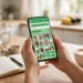 A woman's hands holding a smartphone showing a green messaging app update feed with photo thumbnails, on a bright kitchen table with coffee and a notebook