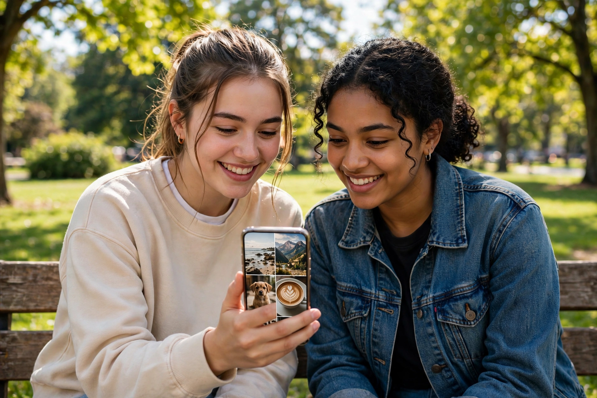 Two smiling young women on a park bench looking together at a smartphone showing a photo feed