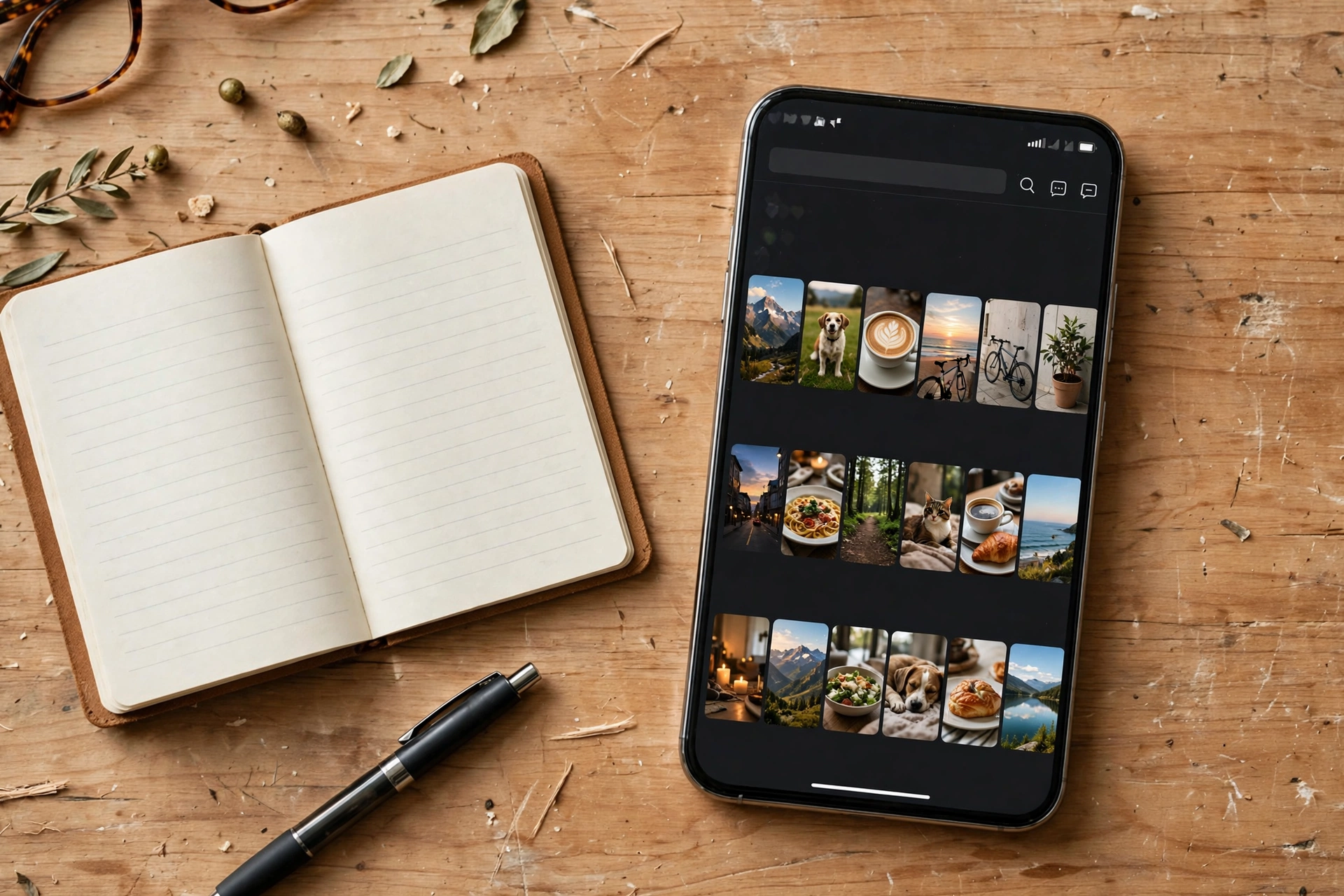 Overhead view of a smartphone on a wooden desk showing a messaging app updates feed of photo thumbnails, next to an open notebook and pen