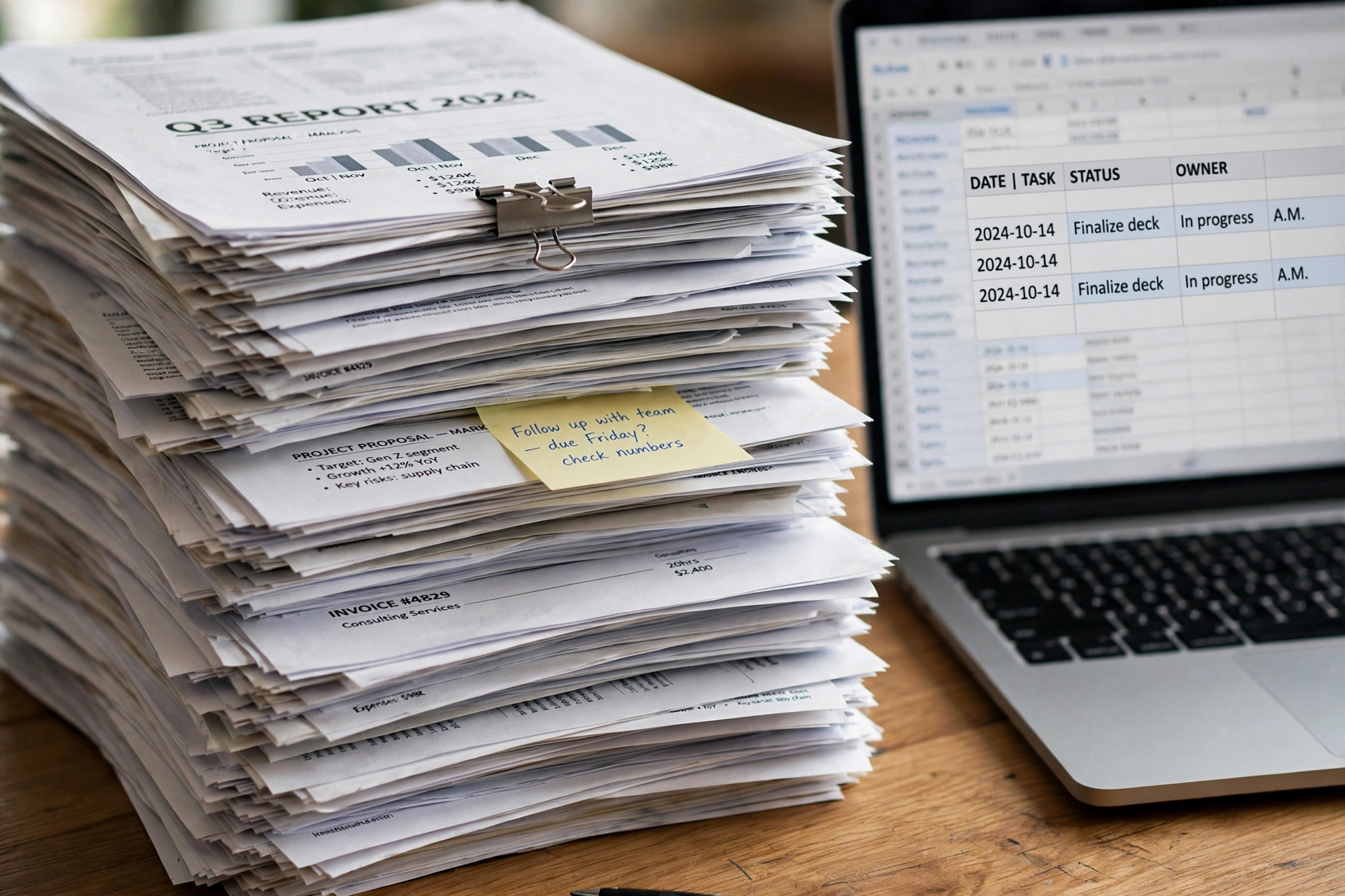 A tall stack of printed papers and documents on a wooden desk next to an open laptop