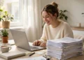 A cheerful young woman reading on a laptop at a bright tidy home desk, a thick stack of printed documents beside her