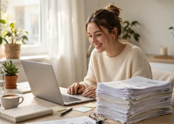 A cheerful young woman reading on a laptop at a bright tidy home desk, a thick stack of printed documents beside her