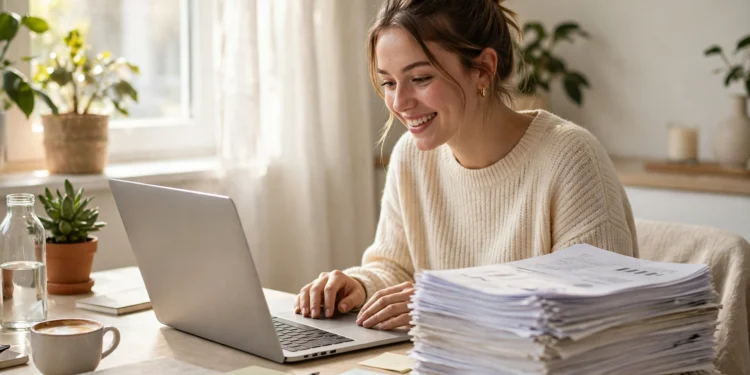 A cheerful young woman reading on a laptop at a bright tidy home desk, a thick stack of printed documents beside her