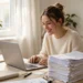 A cheerful young woman reading on a laptop at a bright tidy home desk, a thick stack of printed documents beside her