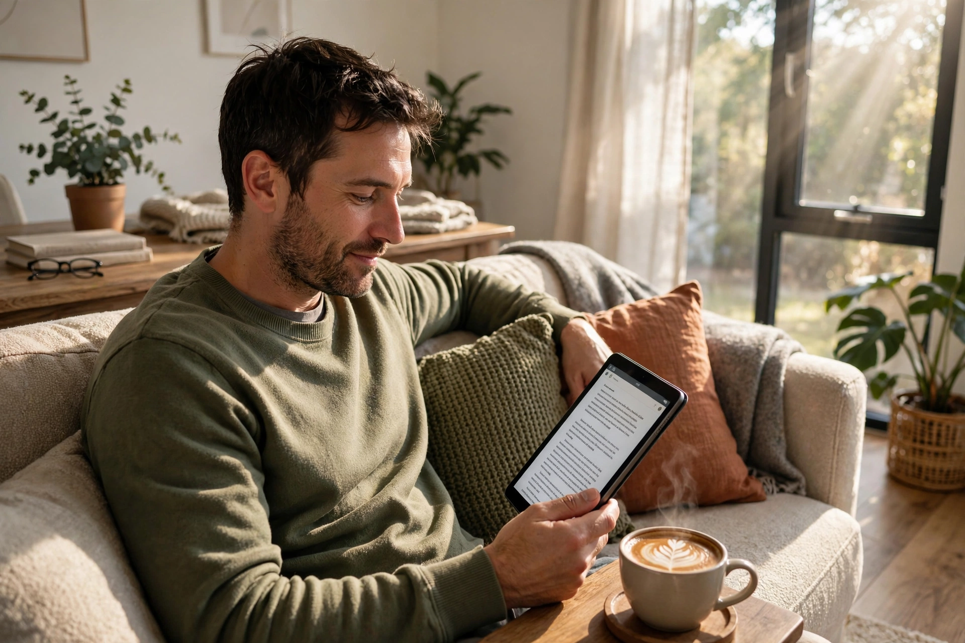A relaxed man reading on a tablet on a comfortable sofa with a cup of coffee, sunlight through the window