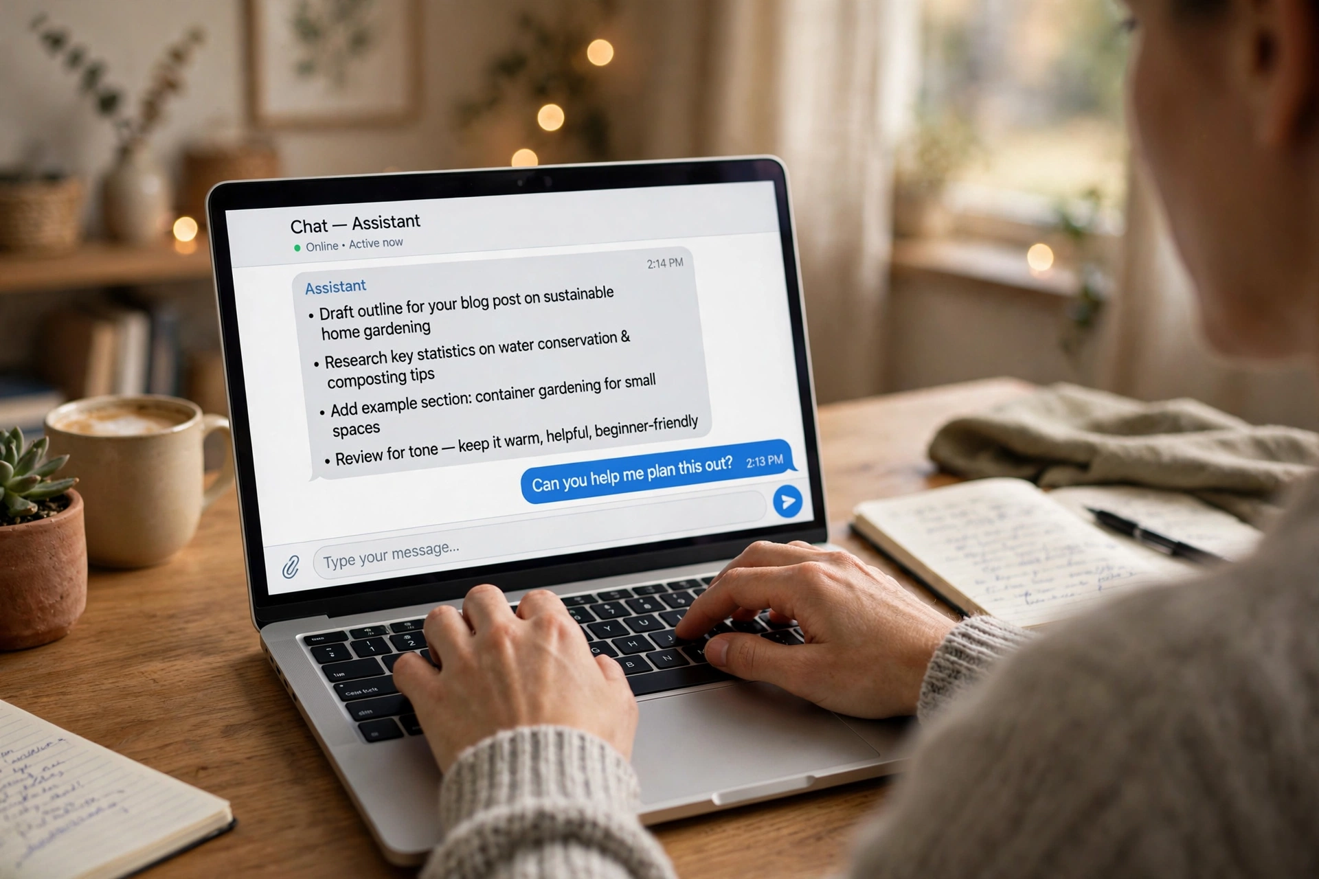 Over-the-shoulder view of hands typing on a laptop showing a chat interface with bullet-point text