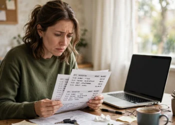 A worried person sitting at a home desk reviewing a suspicious bank statement under natural daylight