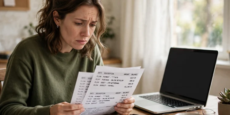 A worried person sitting at a home desk reviewing a suspicious bank statement under natural daylight