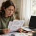 A worried person sitting at a home desk reviewing a suspicious bank statement under natural daylight
