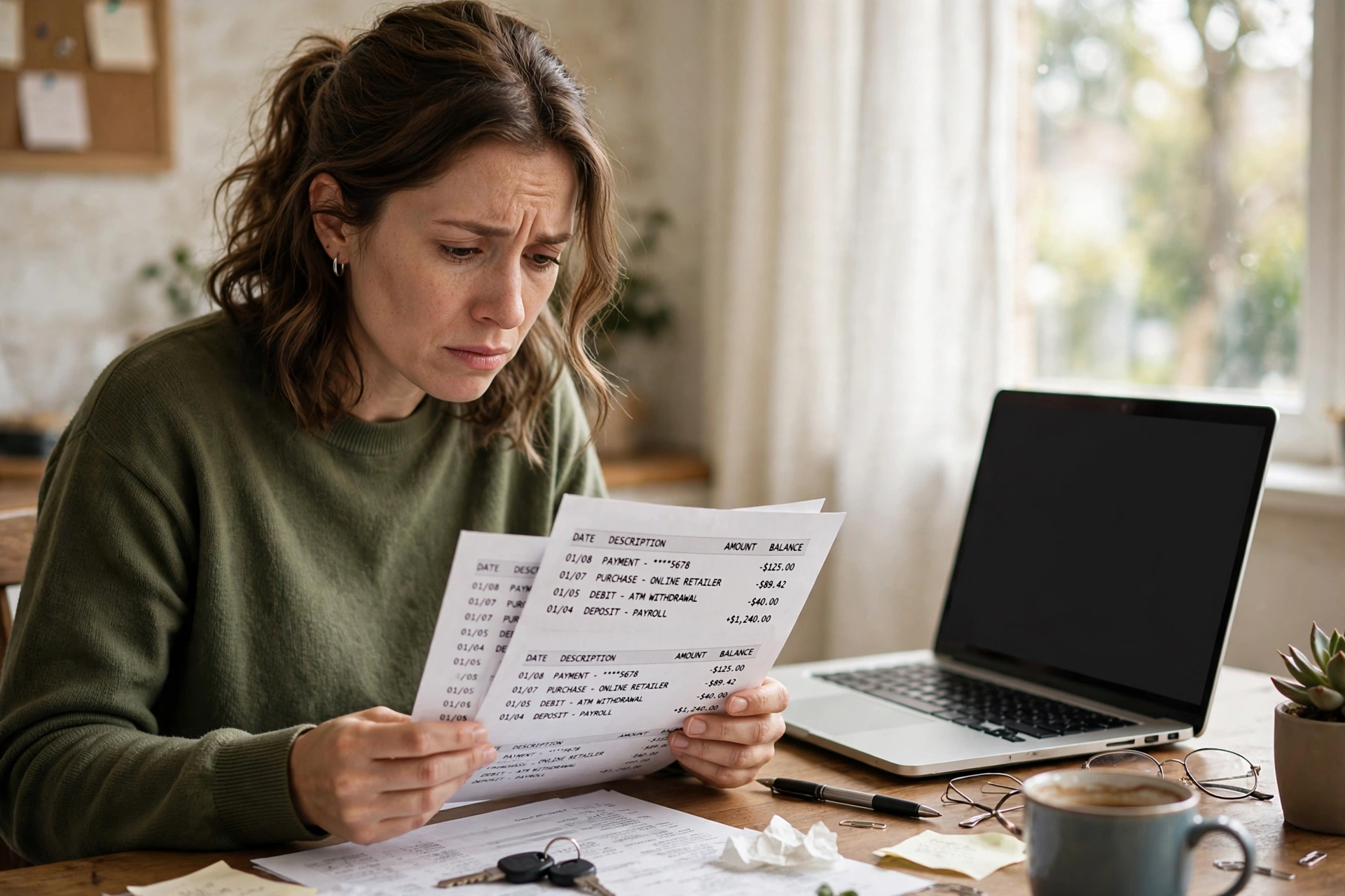 A worried person sitting at a home desk reviewing a suspicious bank statement under natural daylight