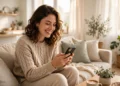 A cheerful young woman on a sofa in a bright living room smiling while reading a message on her smartphone