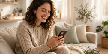 A cheerful young woman on a sofa in a bright living room smiling while reading a message on her smartphone