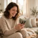 A cheerful young woman on a sofa in a bright living room smiling while reading a message on her smartphone