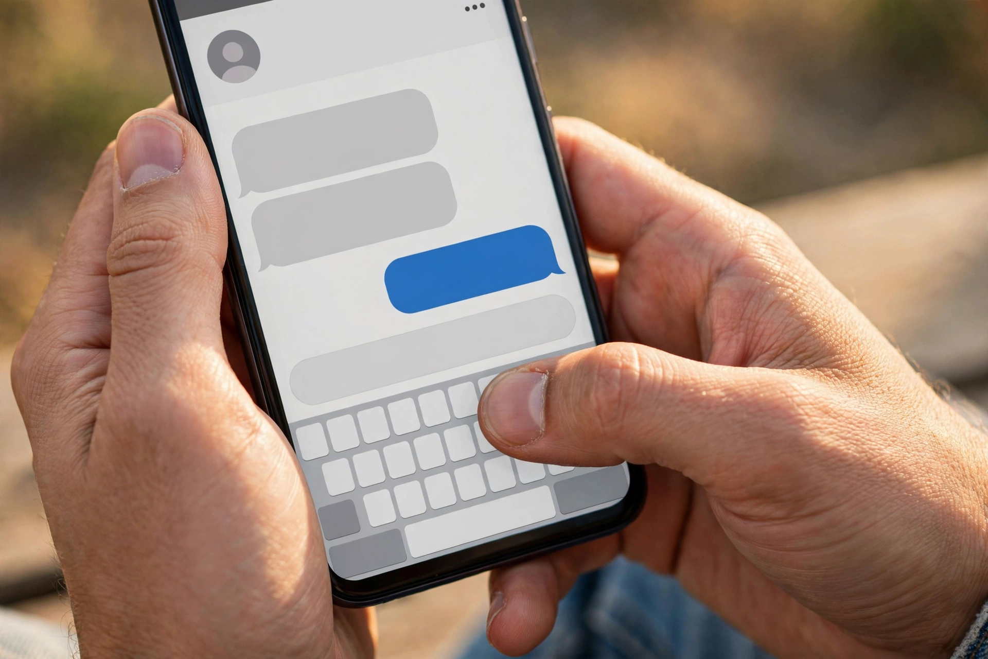 Close-up of hands typing a reply on a smartphone showing a simple chat conversation