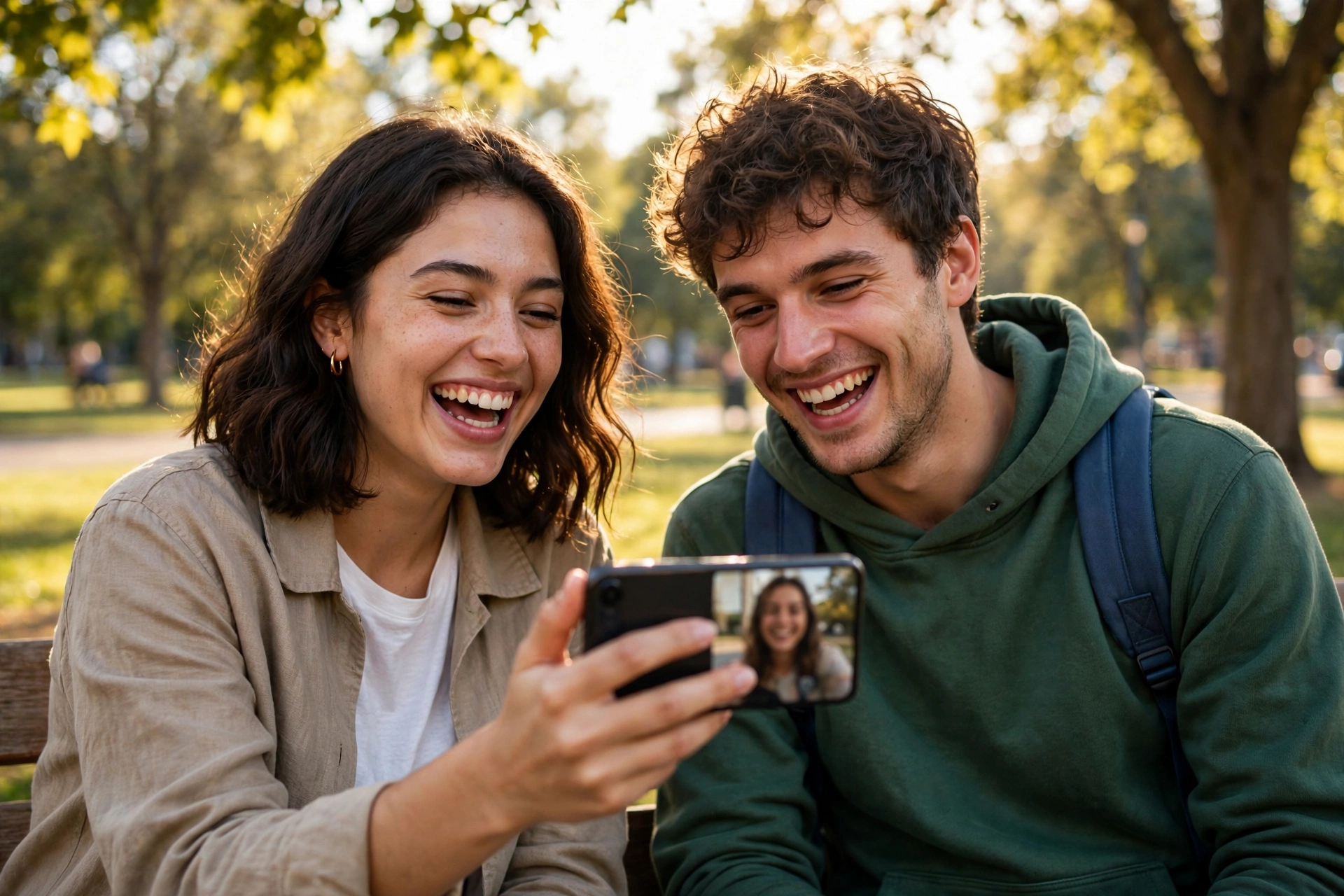 Two friends laughing during a video call, one holding a phone in a sunny park