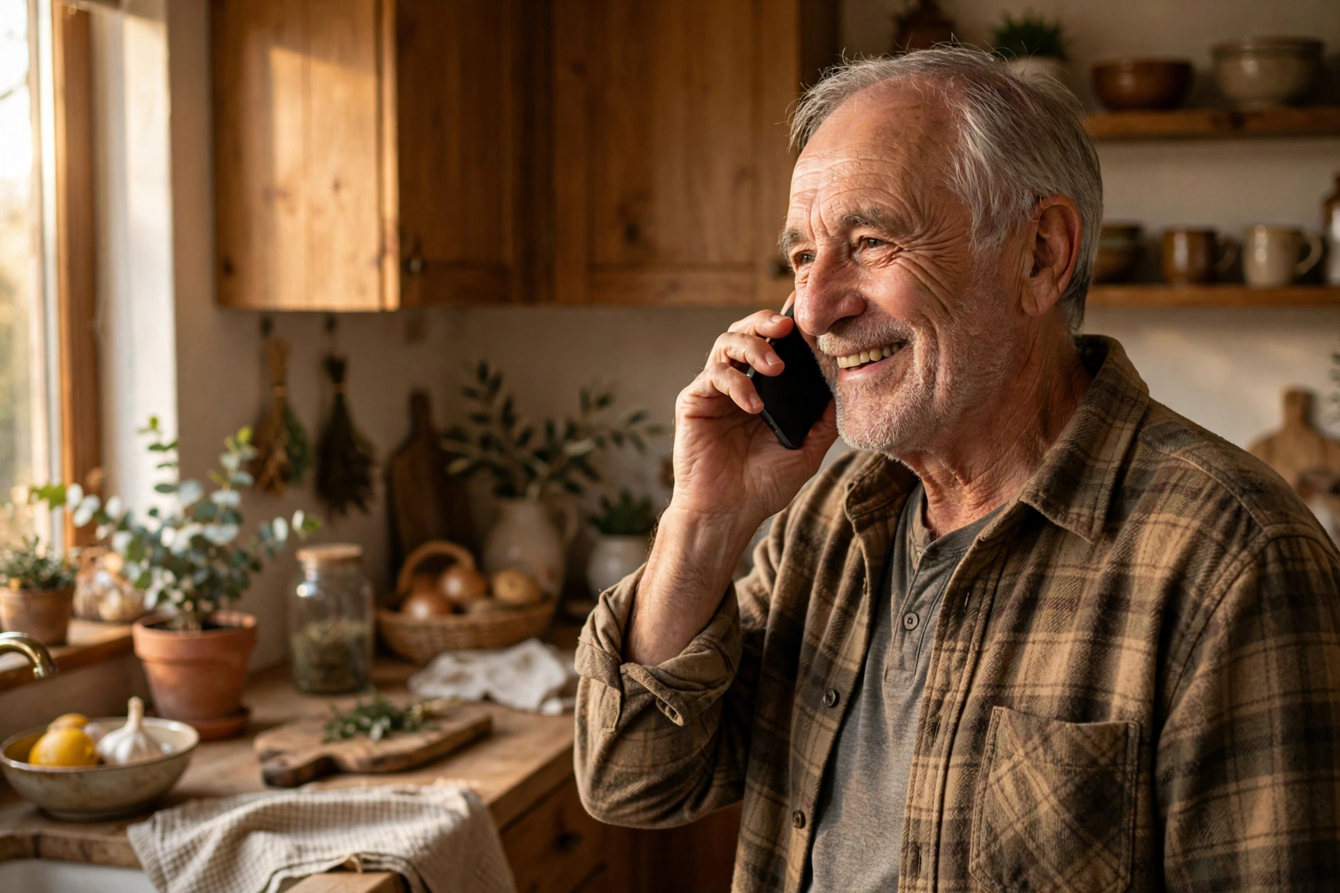 An older man in a cozy kitchen listening to a voice message on his phone with a warm smile
