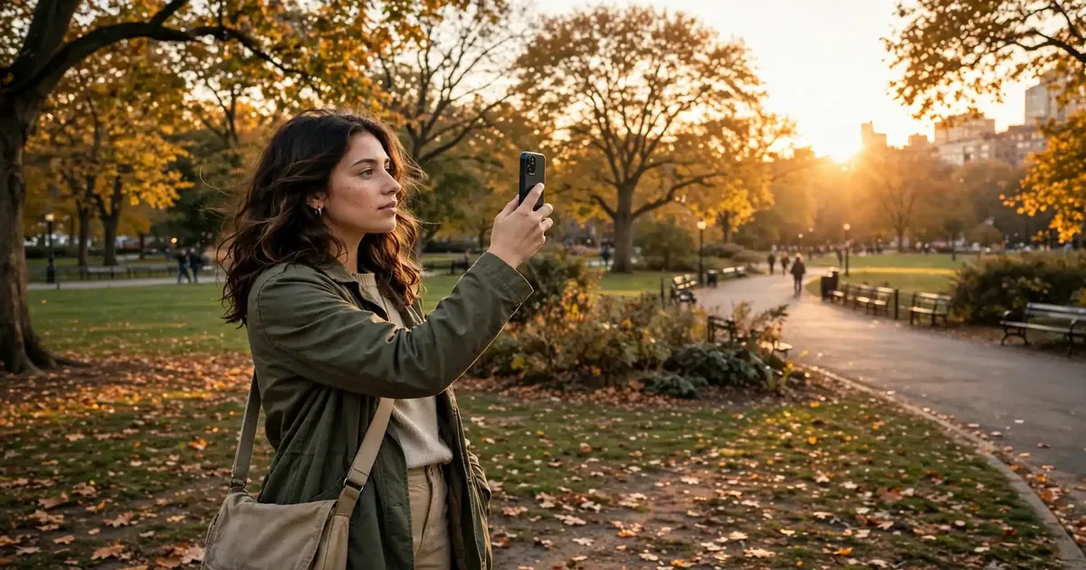 Woman capturing a photo with her smartphone in a park at golden hour