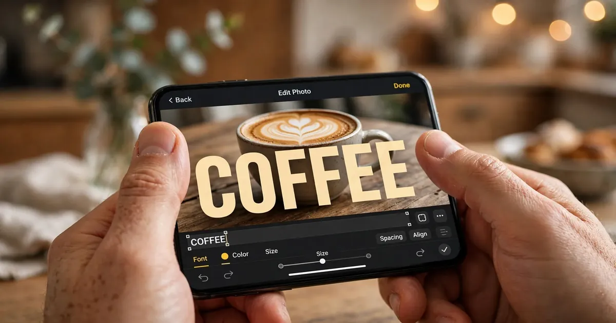 Thumbs adding text to a story photo of a coffee cup on a phone