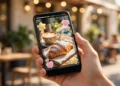 Hand holding a smartphone showing a colorful story post with sticker graphics