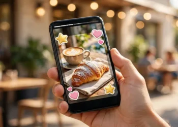 Hand holding a smartphone showing a colorful story post with sticker graphics