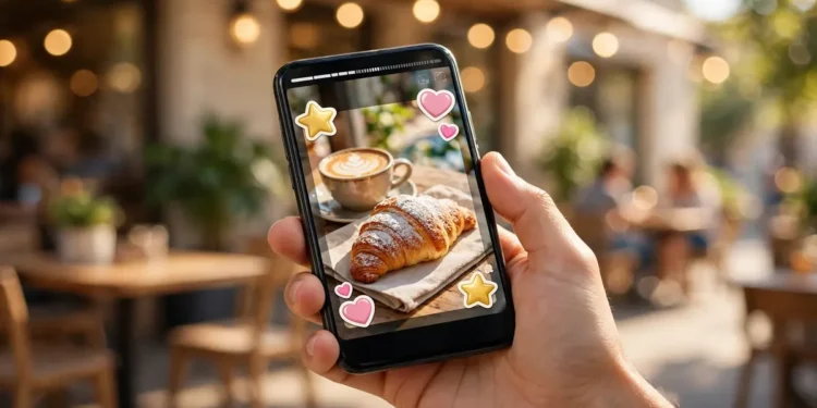 Hand holding a smartphone showing a colorful story post with sticker graphics