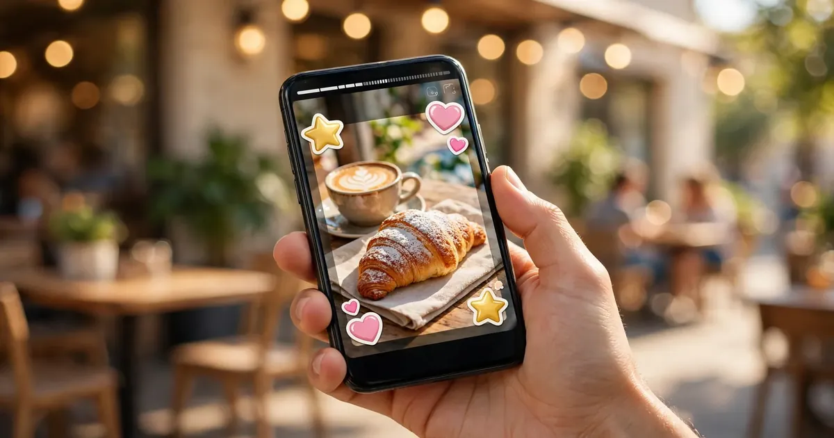 Hand holding a smartphone showing a colorful story post with sticker graphics
