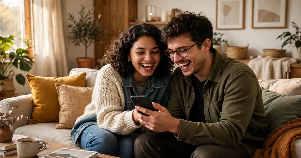 Two friends laughing together while watching stories on a phone