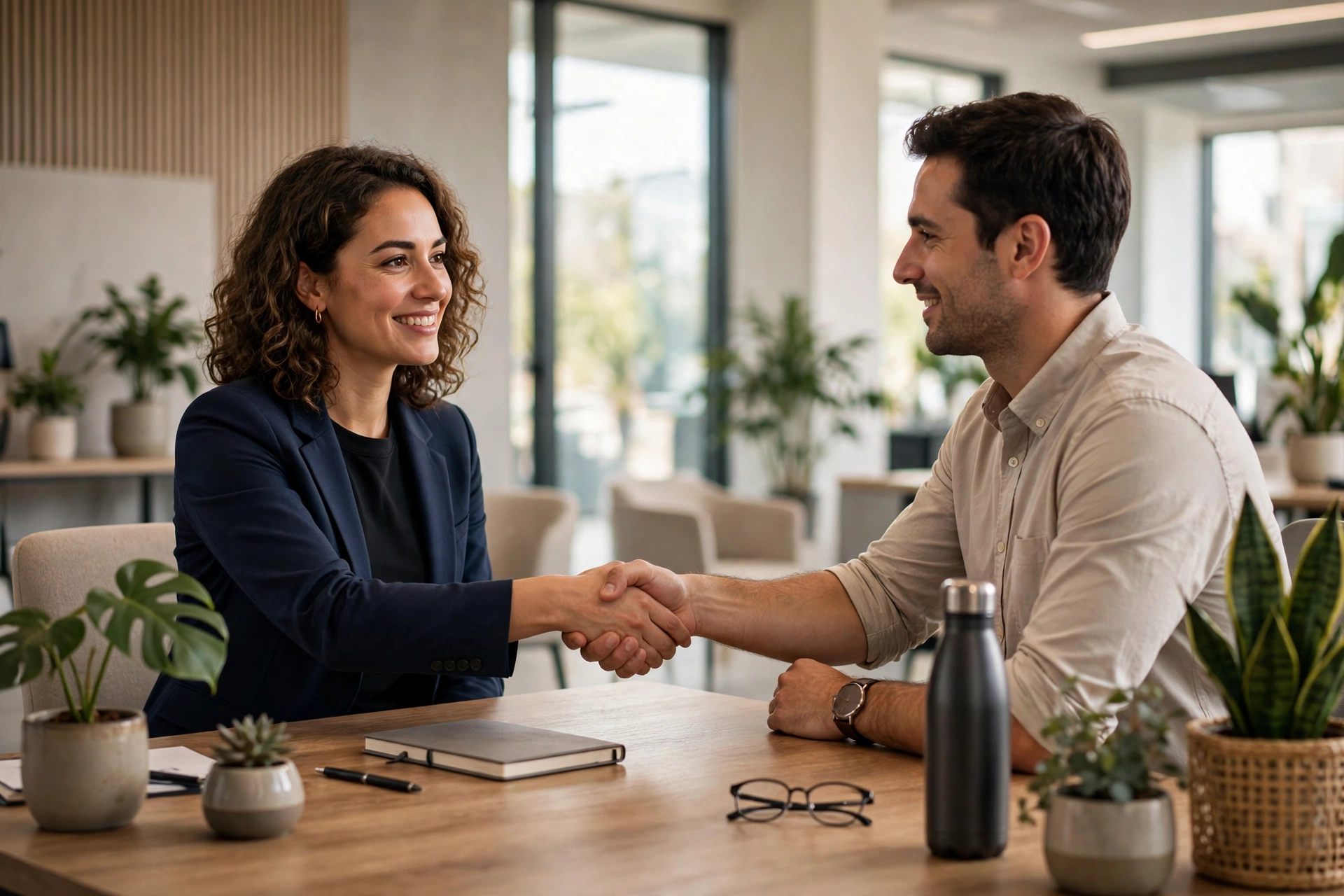Two people shaking hands across a desk during a friendly job interview in a bright office