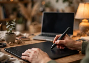 Hands drawing on a graphics tablet with a stylus at a warm, cozy home desk setup with a laptop and lamp