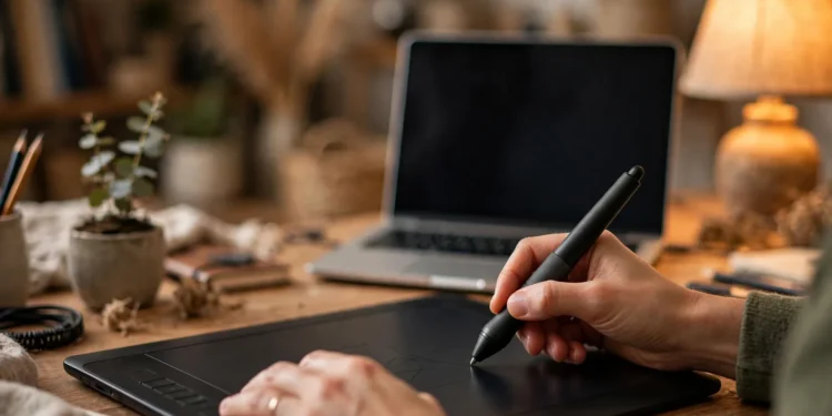 Hands drawing on a graphics tablet with a stylus at a warm, cozy home desk setup with a laptop and lamp