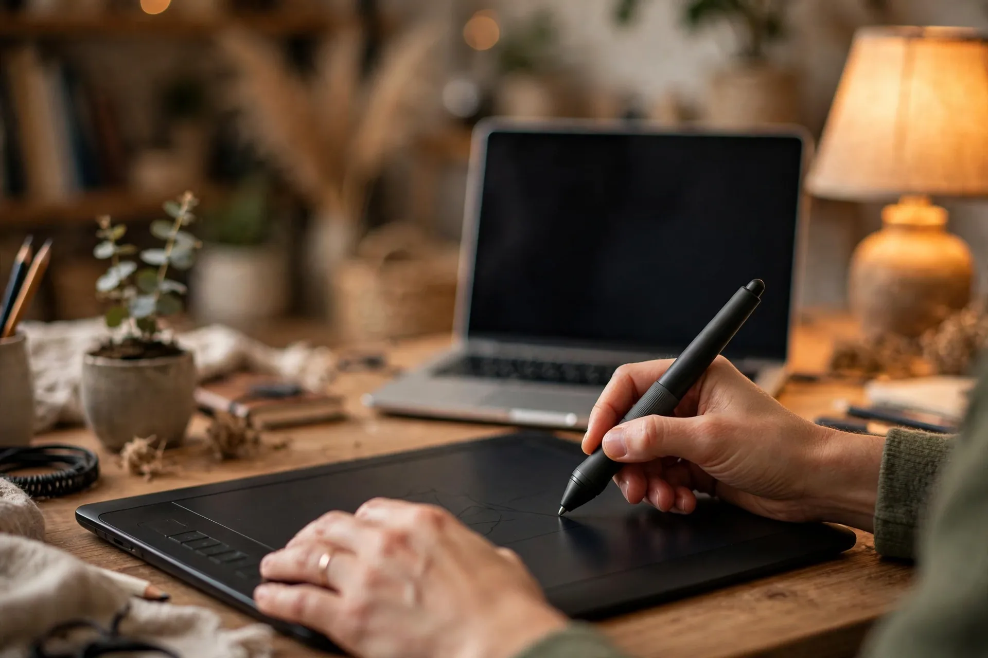 Hands drawing on a graphics tablet with a stylus at a warm, cozy home desk setup with a laptop and lamp