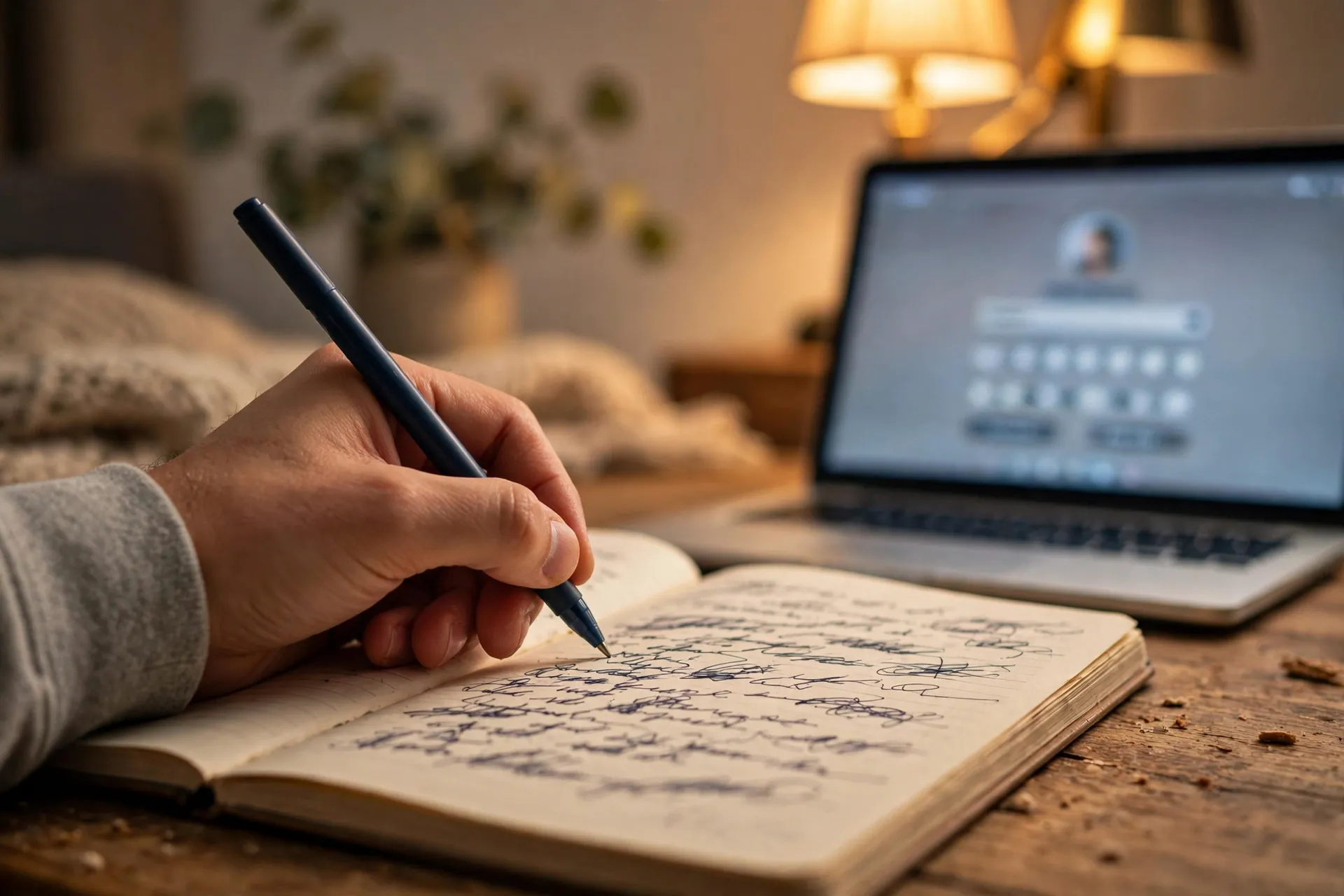 A hand writing a long passphrase in a paper notebook next to a laptop with a blurred login screen